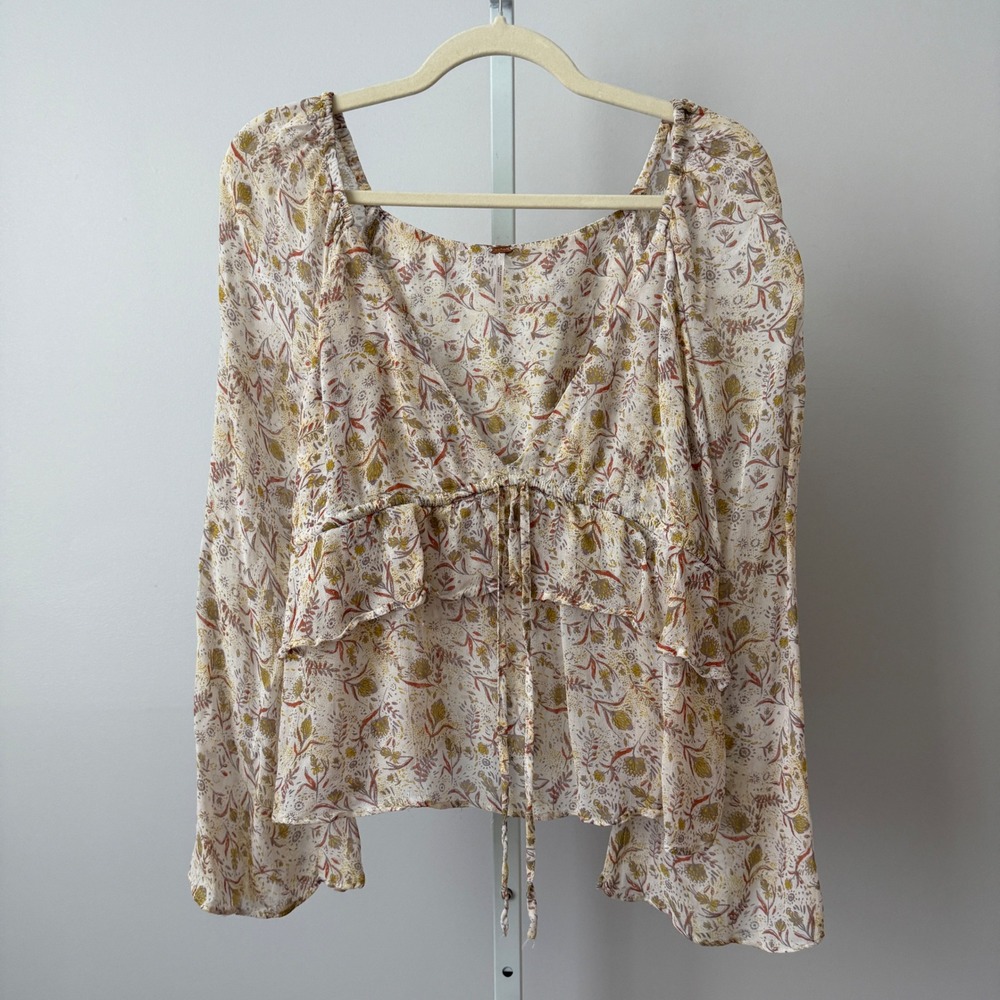 Free People Boho Flowy Beachy Peasant Fairy Bell Sleeve Floral Blouse S Cream